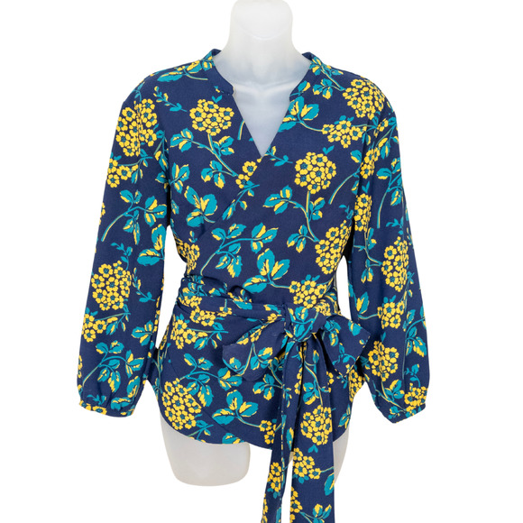 J CREW Navy Yellow Drapey Crepe Floral Wrap Top V-Neck 3/4 Sleeve Women's Small - Picture 5 of 8